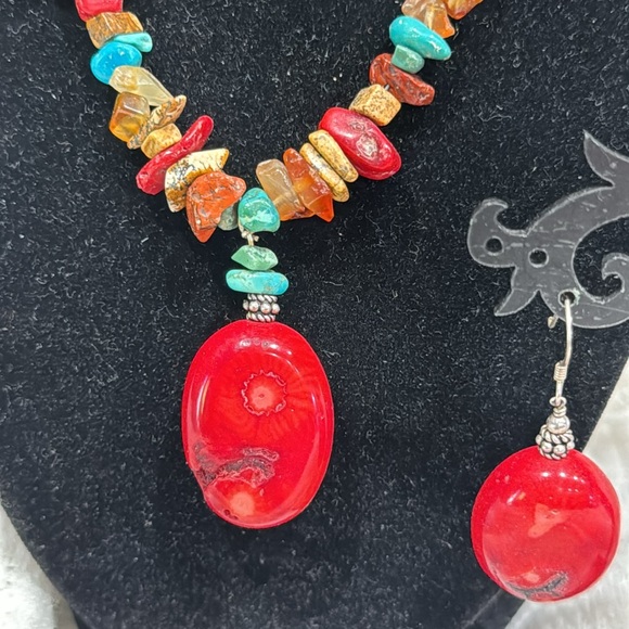 Red Coral, Raw Tiger Eyes, Turquoise & Agate stones Necklace earrings Set! - Picture 2 of 10